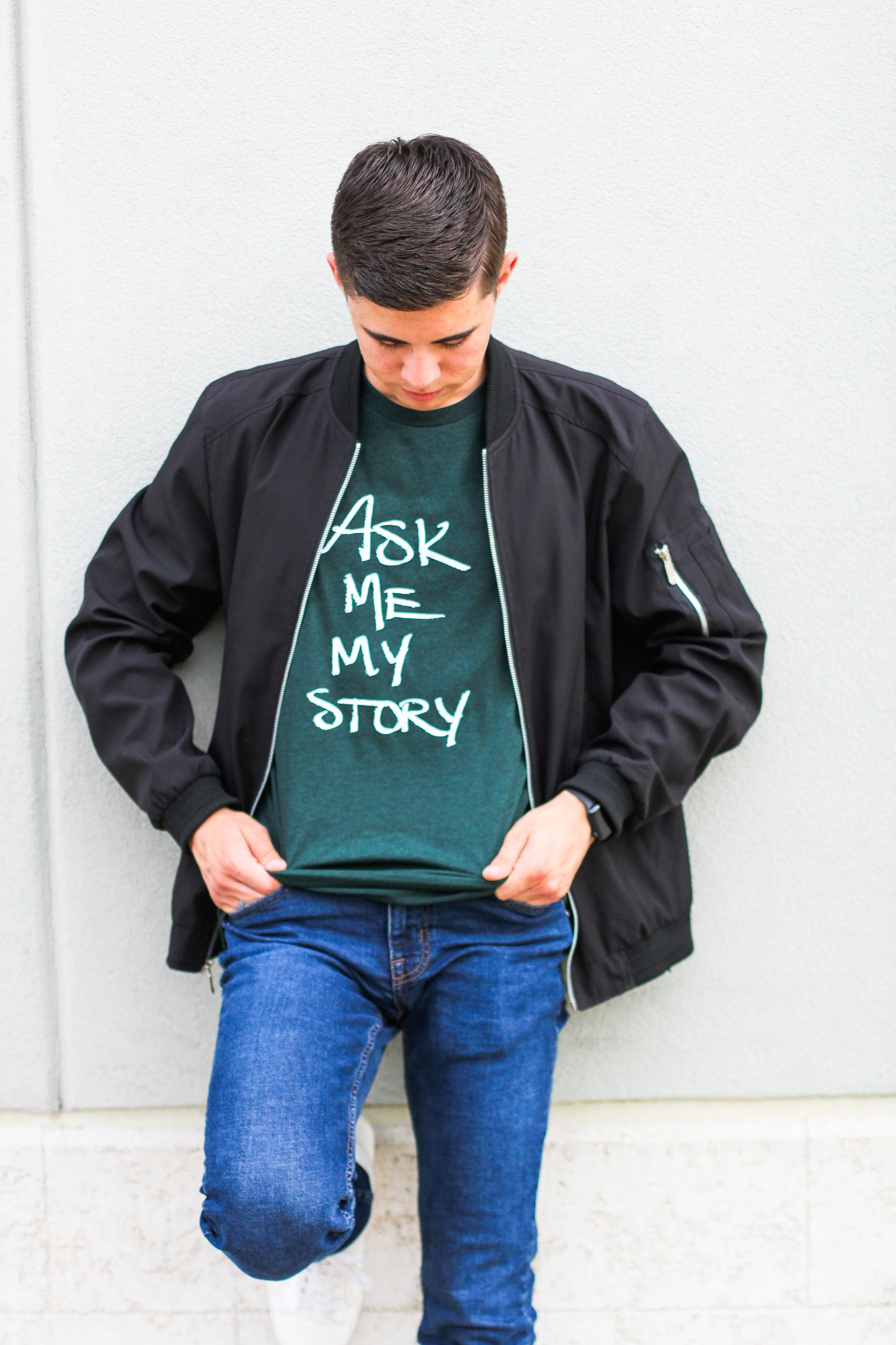 "ASK ME MY STORY" | Unisex Tee | Deep Heather Green