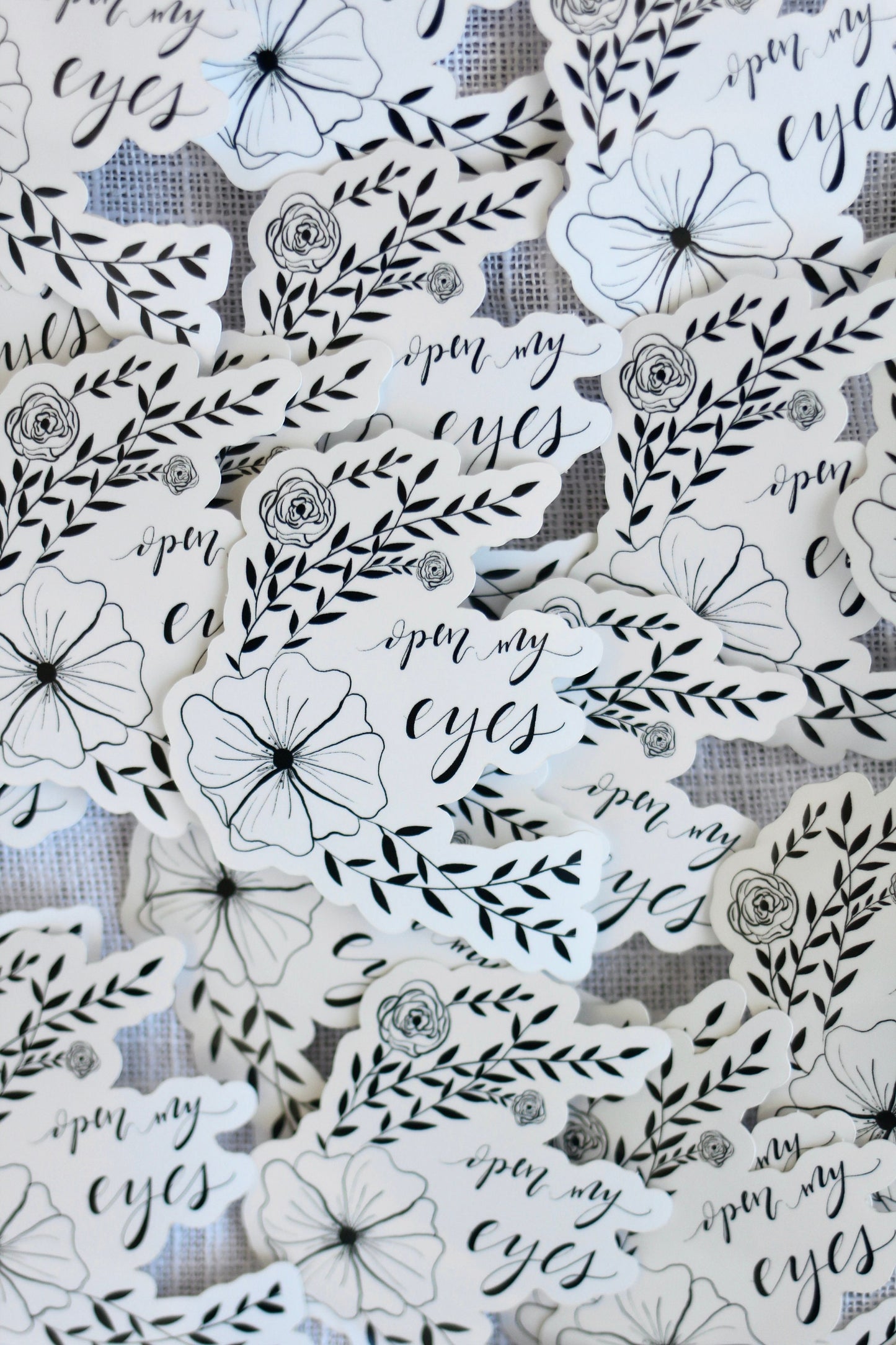 Hand Lettered Vinyl Sticker | "open my eyes" | elegant lettering with florals