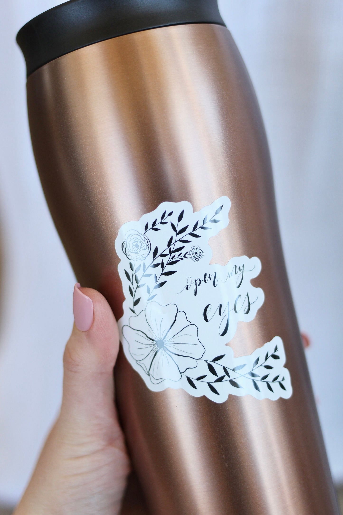 Hand Lettered Vinyl Sticker | "open my eyes" | elegant lettering with florals
