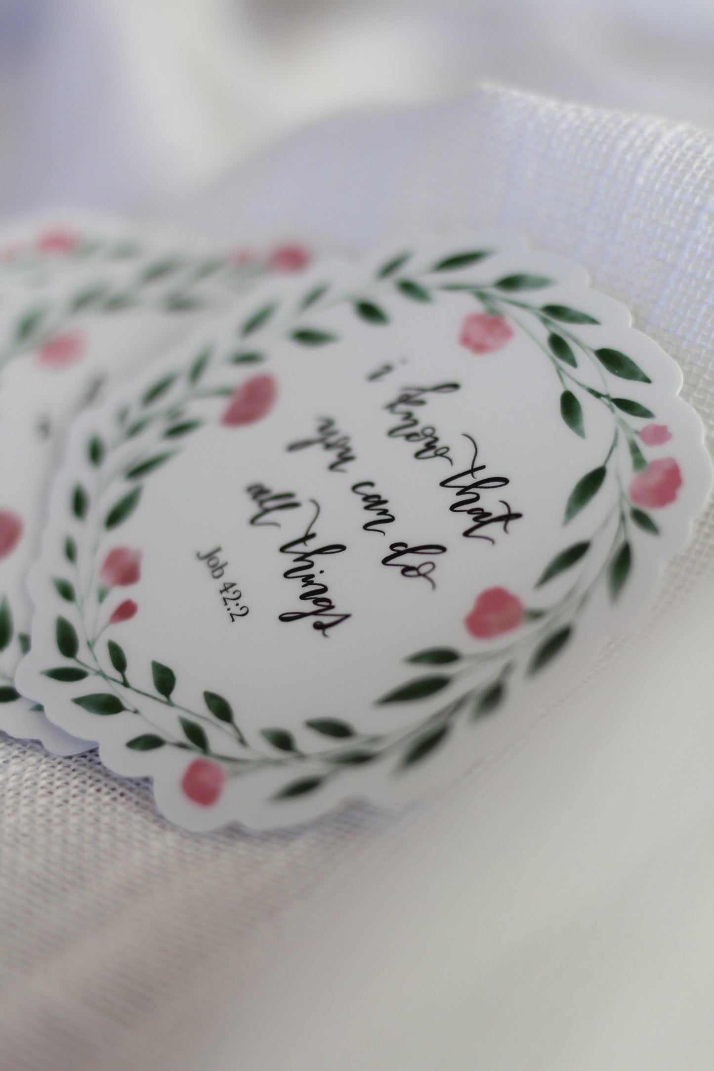 Floral wreath die cut stickers | "I know that you can do all things" | Elegant Scripture Lettering