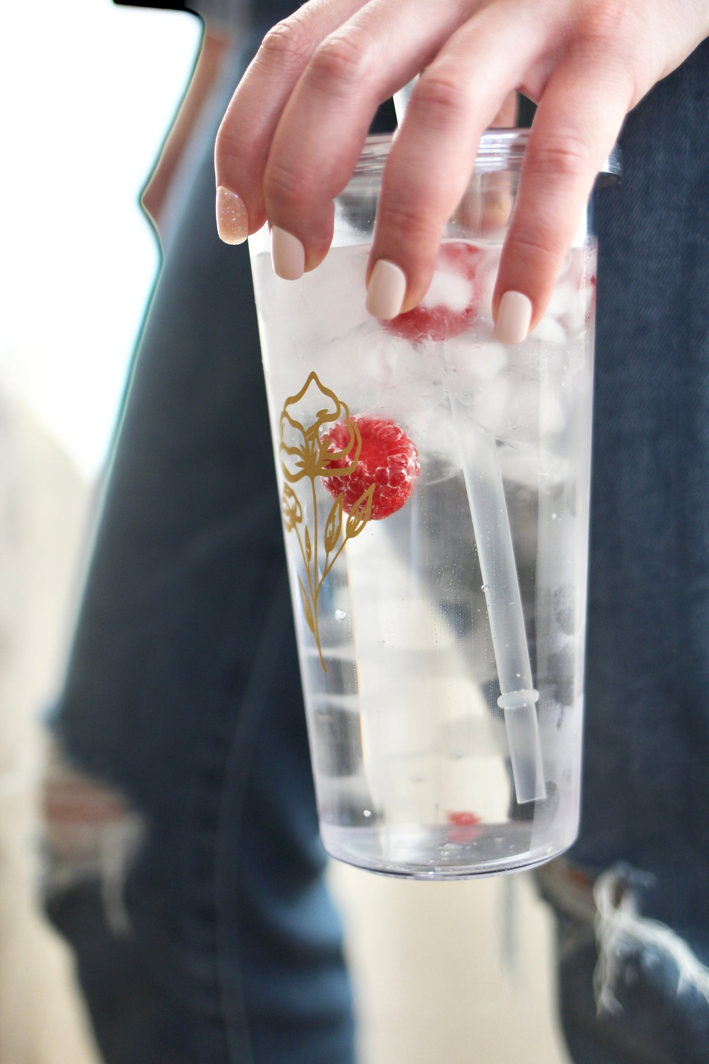 Gold Floral Tumbler with Straw