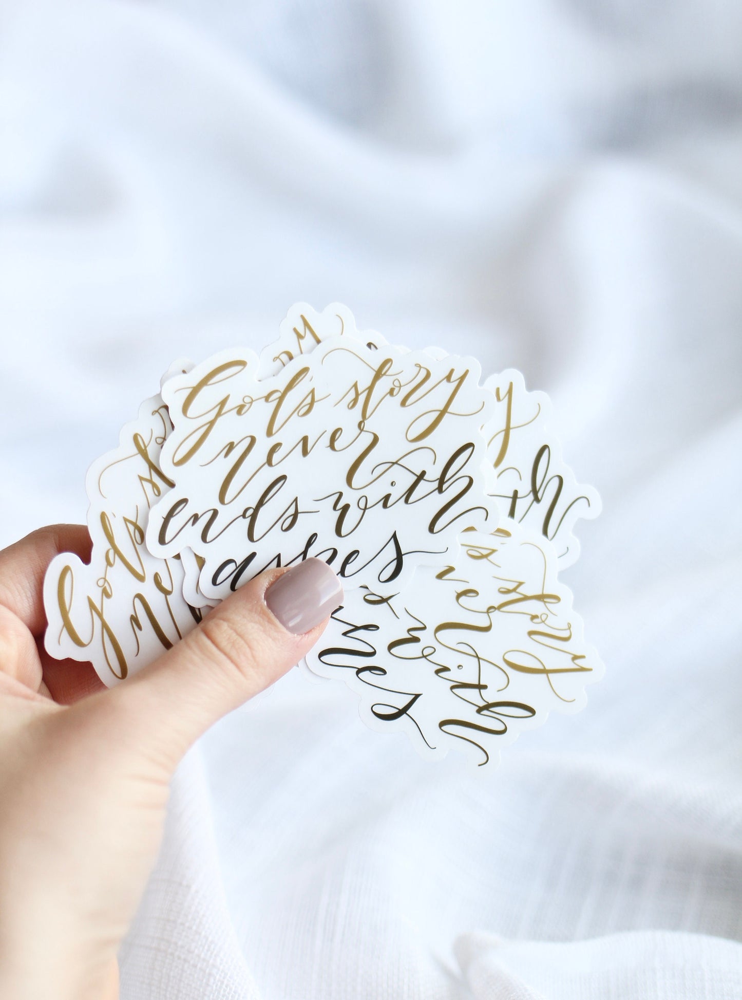 Hand Lettered Clear Stickers | "God's story never ends with ashes" | Elisabeth Elliot Quote