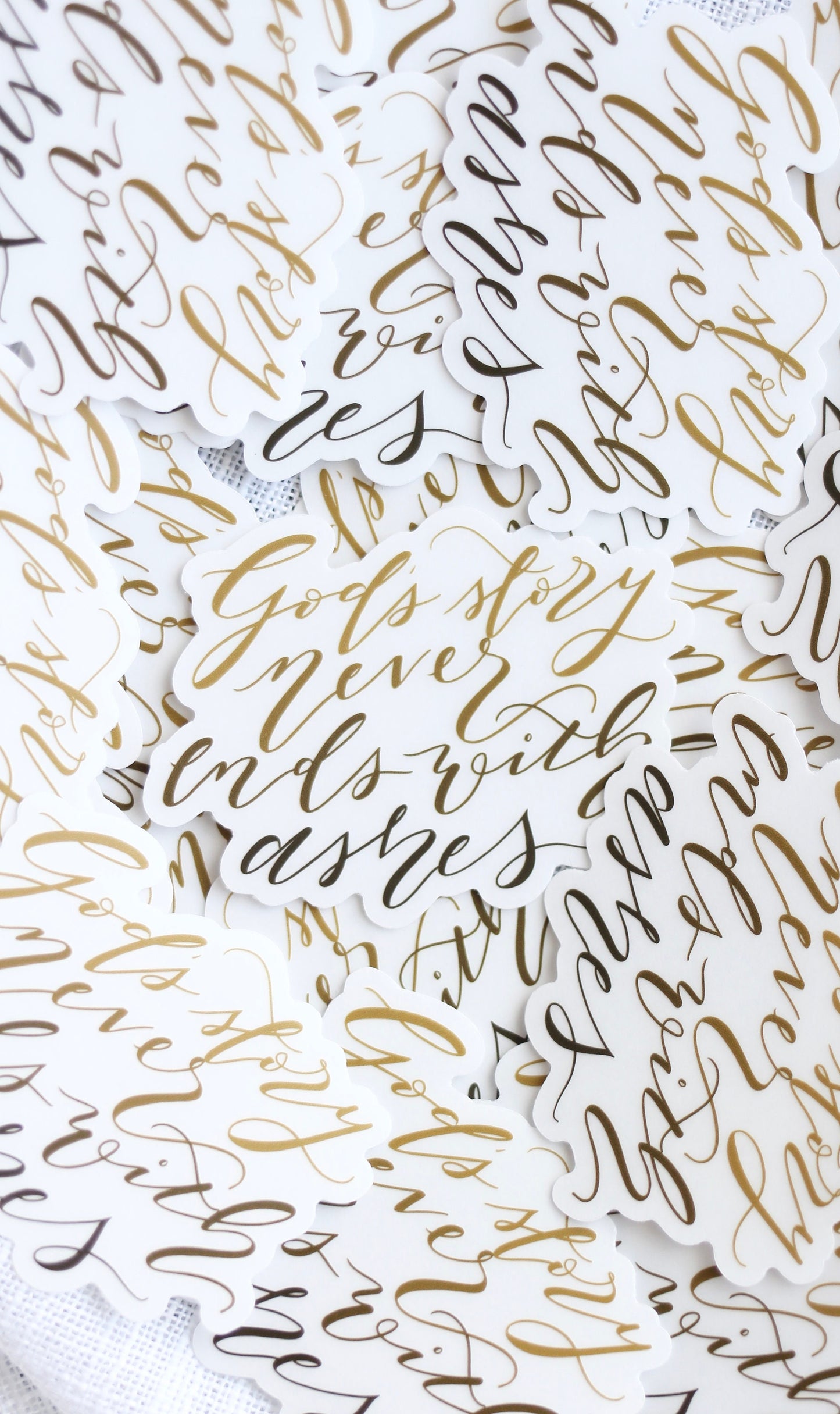 Hand Lettered Clear Stickers | "God's story never ends with ashes" | Elisabeth Elliot Quote