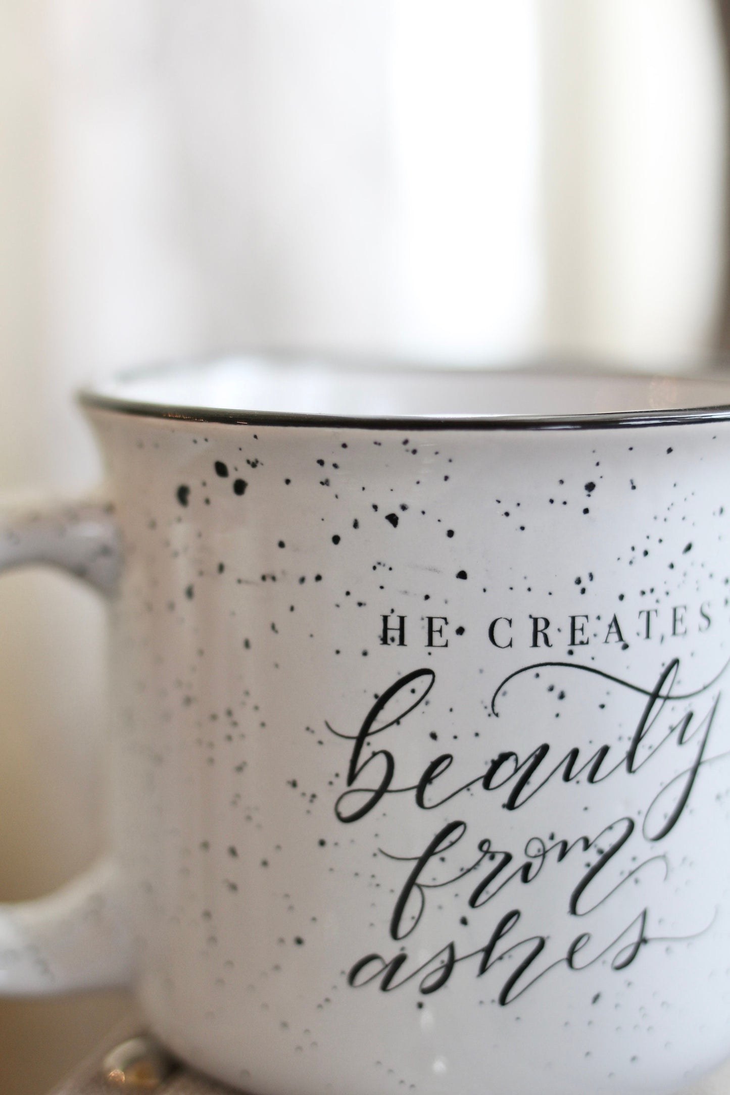 Clearance!  15 oz. White Camper Mug || "He creates beauty from ashes" || slightly blemished mugs