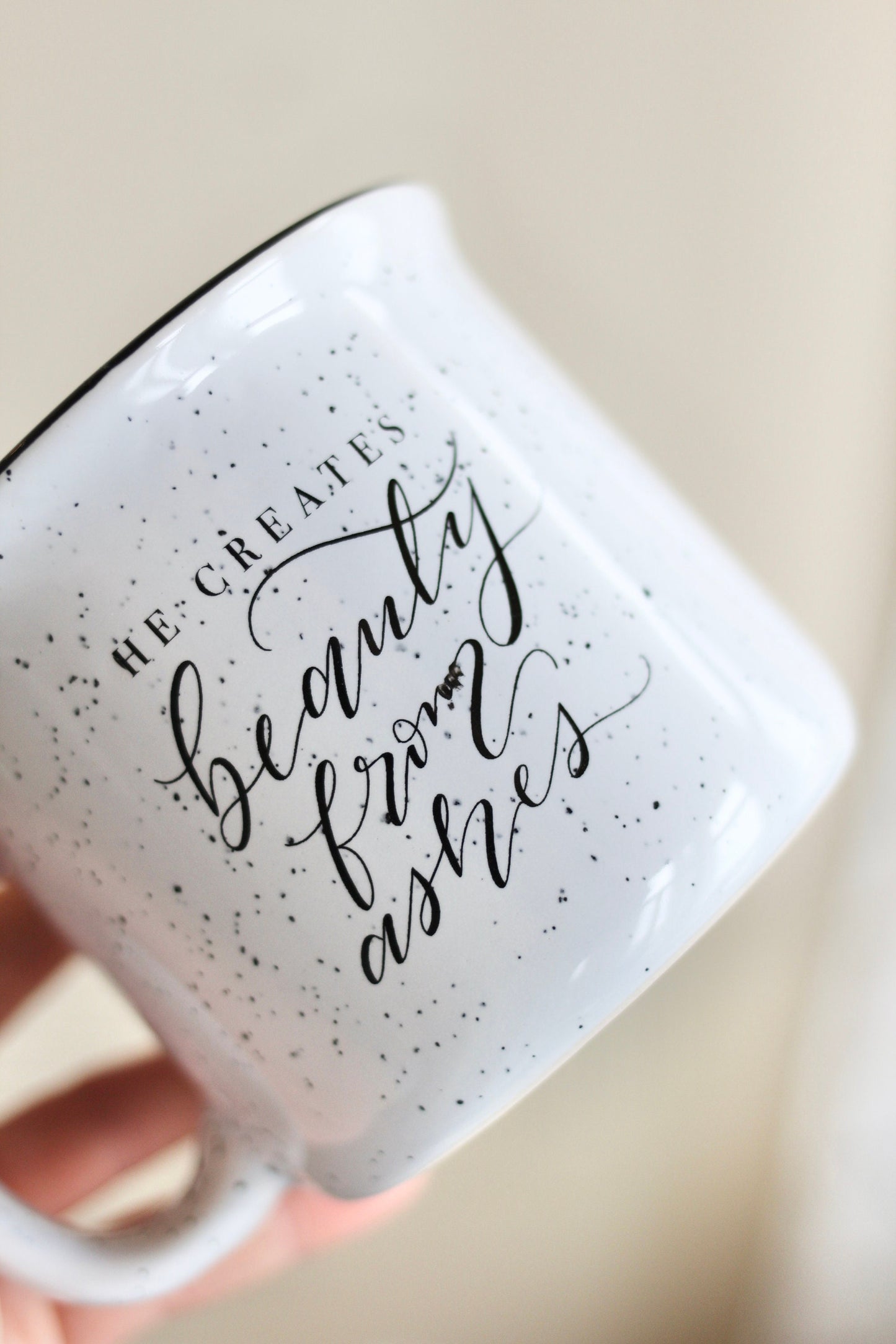 Clearance!  15 oz. White Camper Mug || "He creates beauty from ashes" || slightly blemished mugs