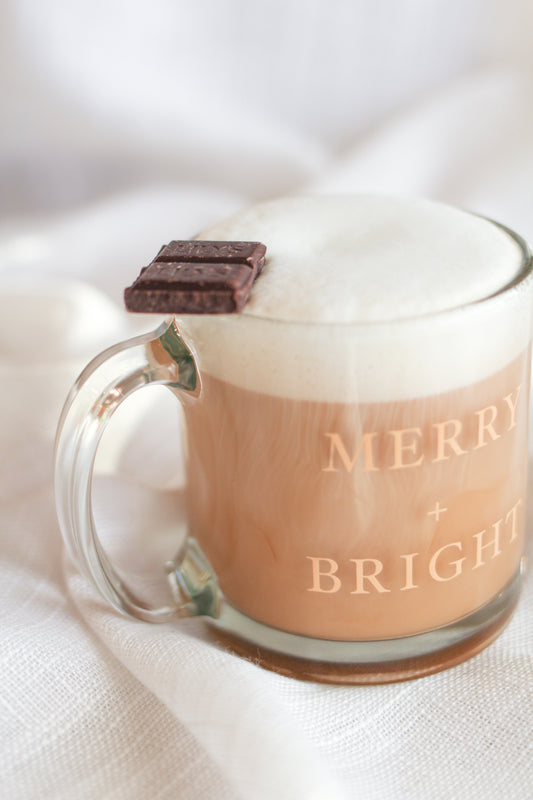 13 oz. Glass Mug | "Merry + Bright" Shimmering Gold Design