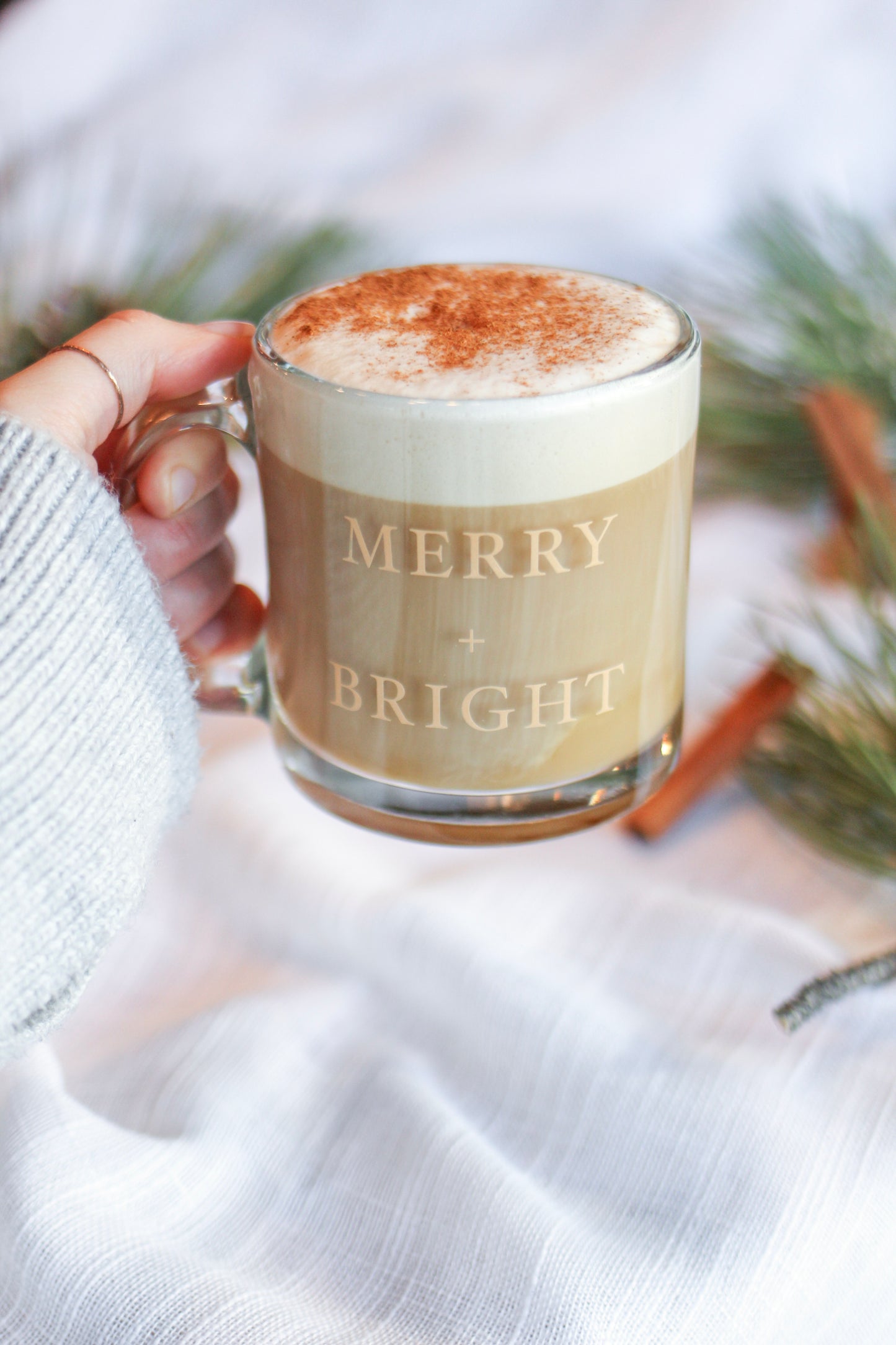 13 oz. Glass Mug | "Merry + Bright" Shimmering Gold Design