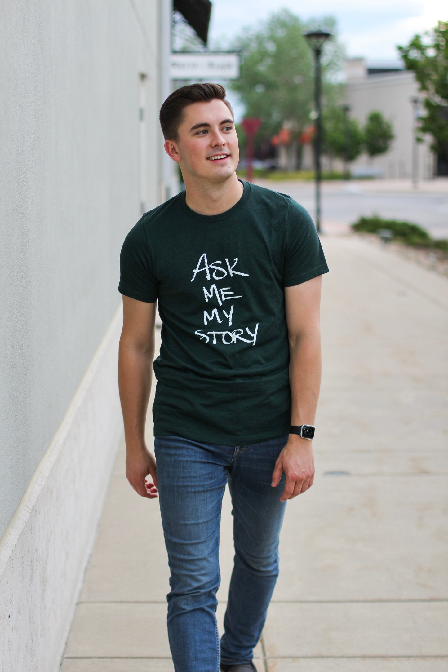 "ASK ME MY STORY" | Unisex Tee | Deep Heather Green