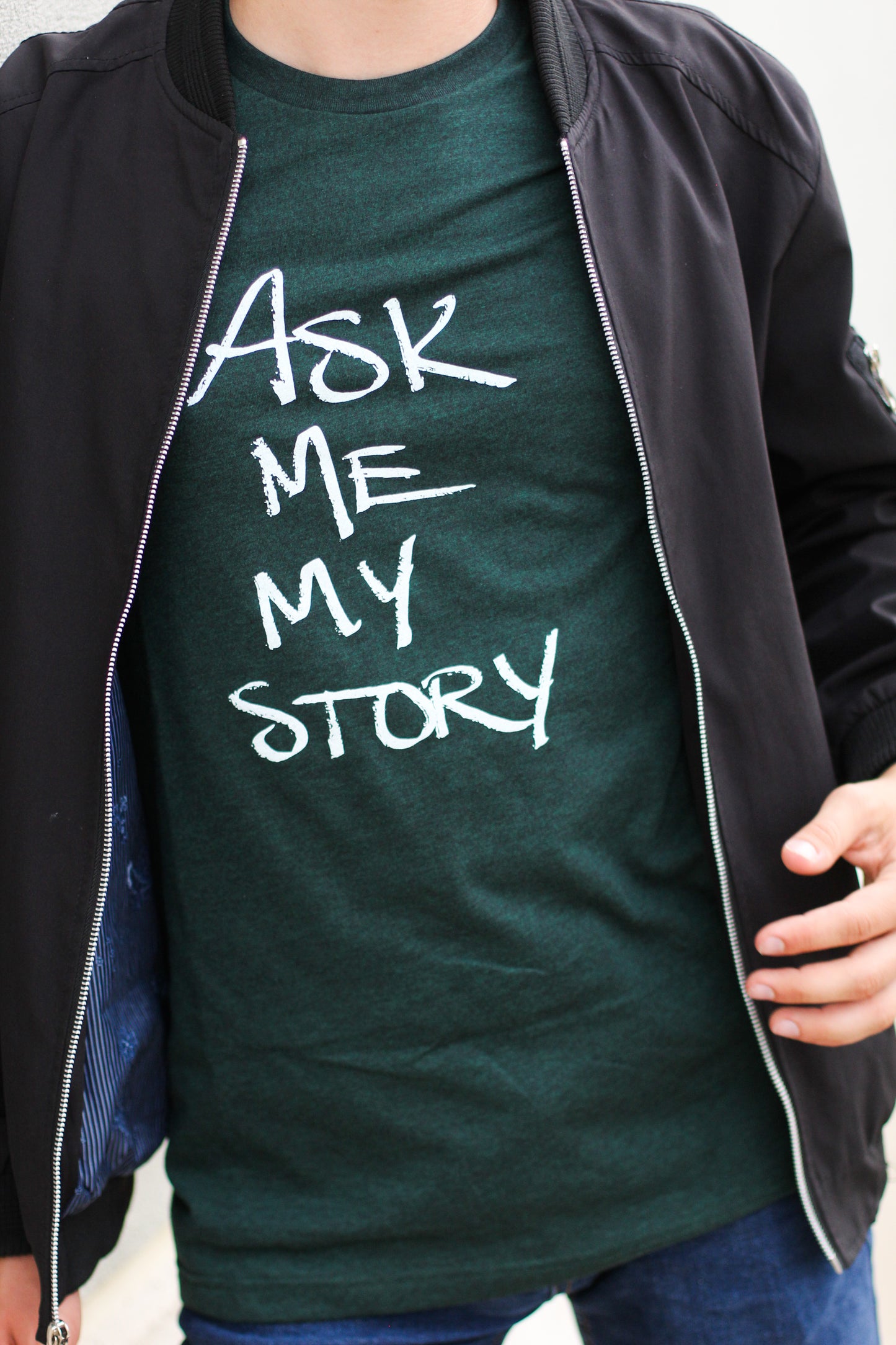 "ASK ME MY STORY" | Unisex Tee | Deep Heather Green