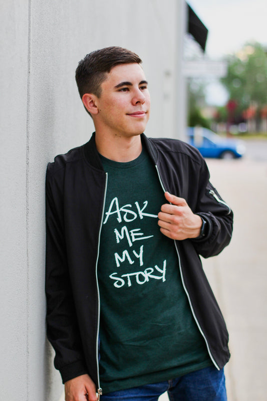 "ASK ME MY STORY" | Unisex Tee | Deep Heather Green