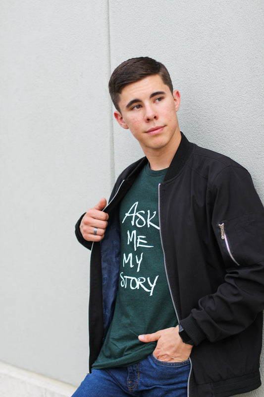 "ASK ME MY STORY" | Unisex Tee | Deep Heather Green