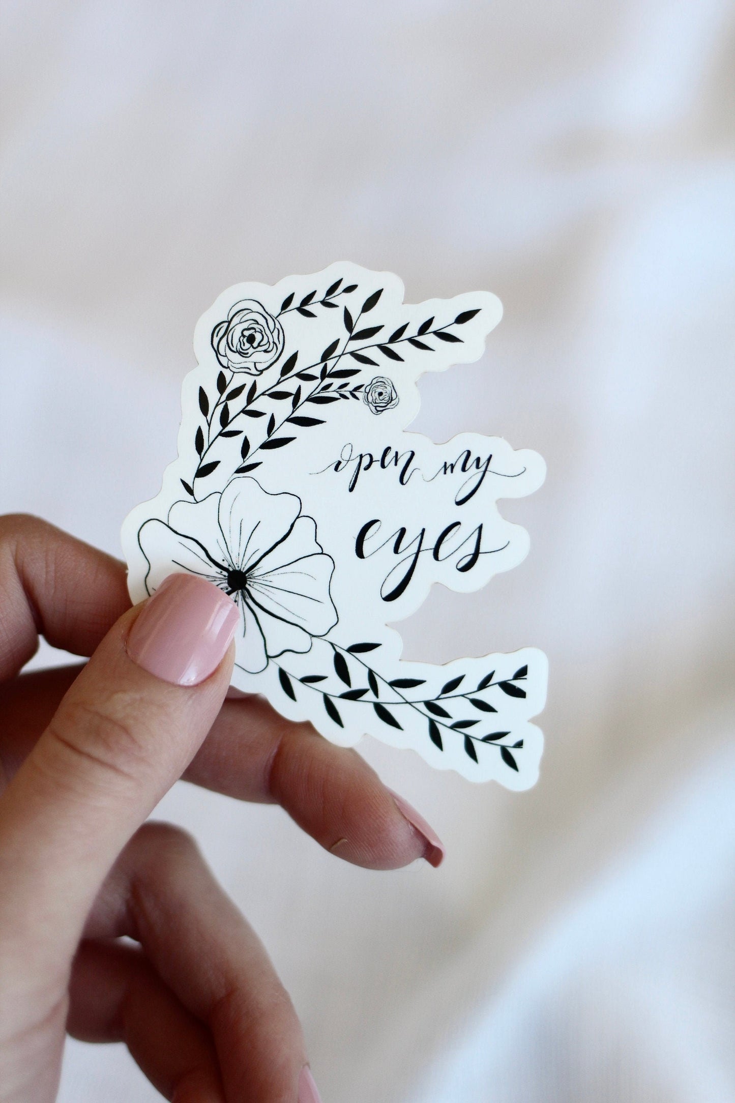 Hand Lettered Vinyl Sticker | "open my eyes" | elegant lettering with florals