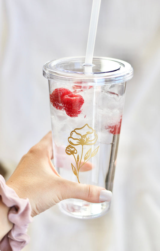 Gold Floral Tumbler with Straw