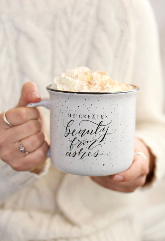 Clearance!  15 oz. White Camper Mug || "He creates beauty from ashes" || slightly blemished mugs