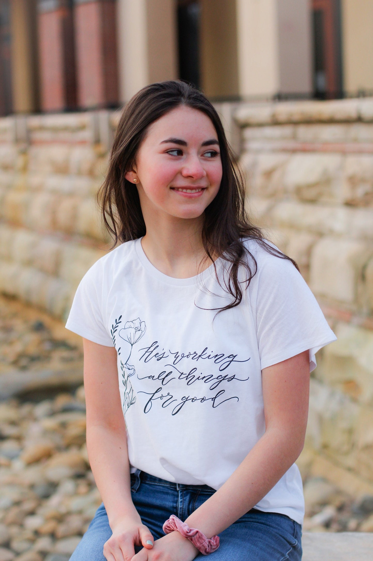 Elegant white tee, women's fit | "He's working all things for good" | Florals + hand lettering |