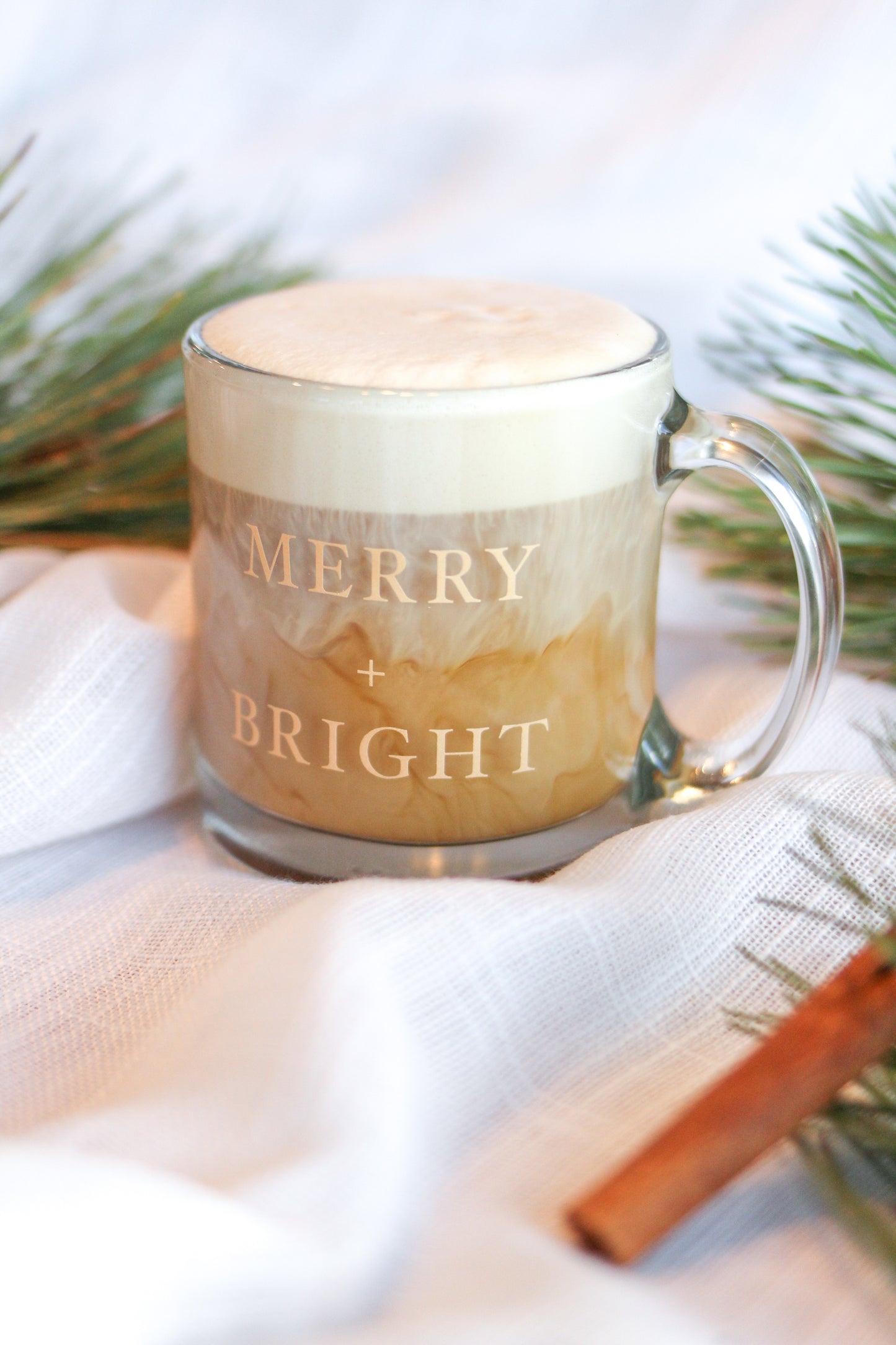13 oz. Glass Mug | "Merry + Bright" Shimmering Gold Design